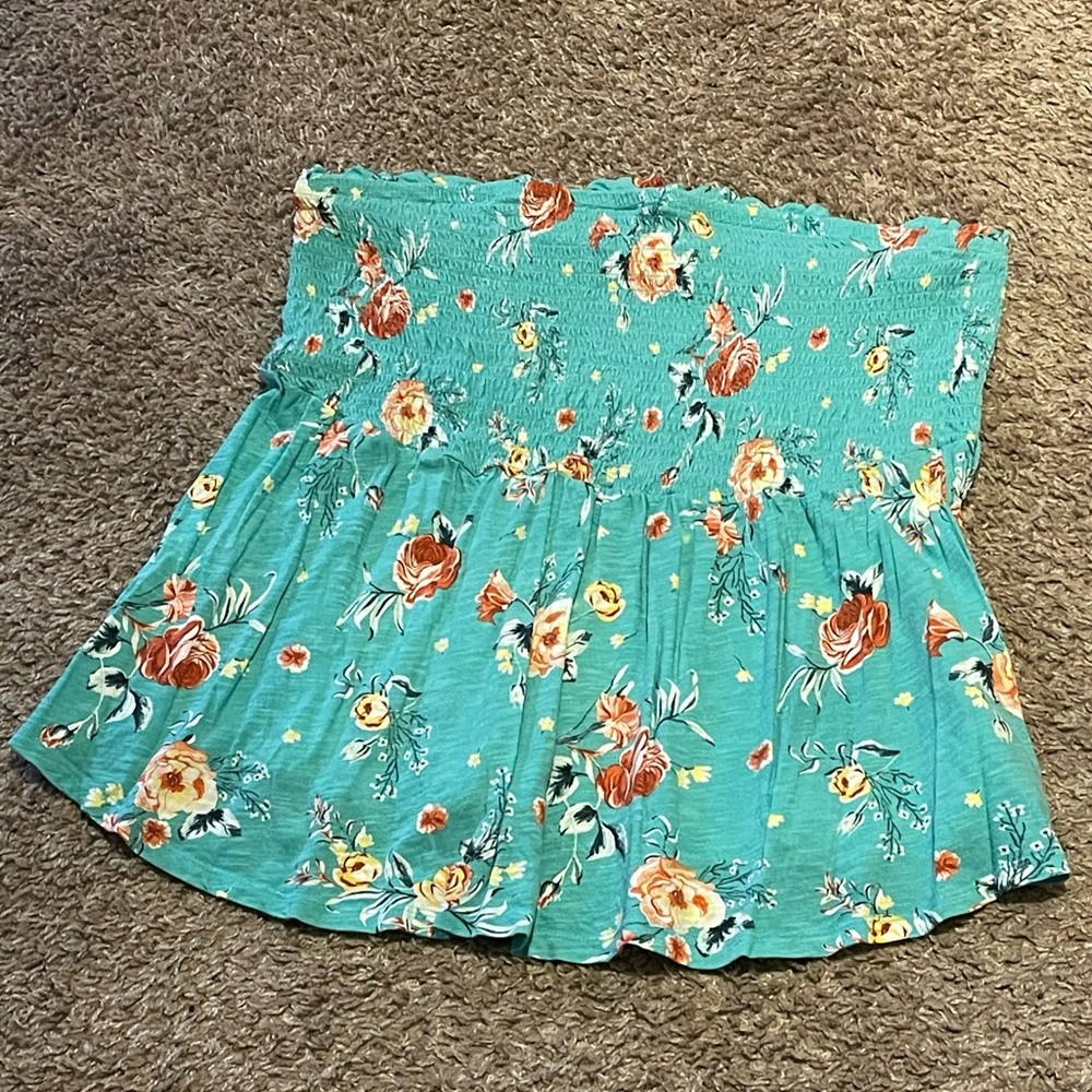 Torrid, turquoise, floral, smocked, strapless top